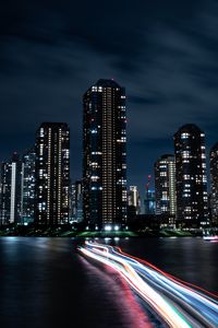 Preview wallpaper night city, buildings, skyscrapers, coast, lights, long exposure