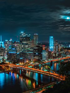 Preview wallpaper night city, buildings, skyscrapers, bridge, river