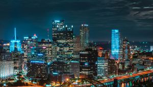 Preview wallpaper night city, buildings, skyscrapers, bridge, river