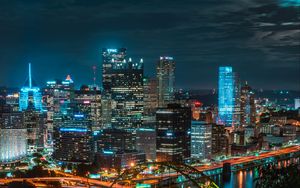 Preview wallpaper night city, buildings, skyscrapers, bridge, river