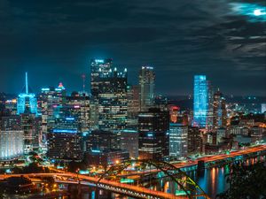 Preview wallpaper night city, buildings, skyscrapers, bridge, river