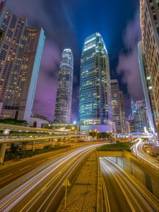 Preview wallpaper night city, buildings, skyscrapers, road, neon