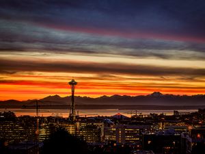 Preview wallpaper night city, buildings, tower, sunset, mountains