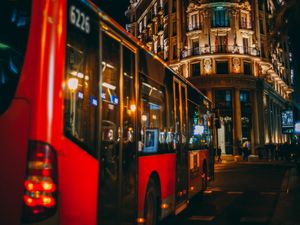 Preview wallpaper night city, bus, building, street, traffic