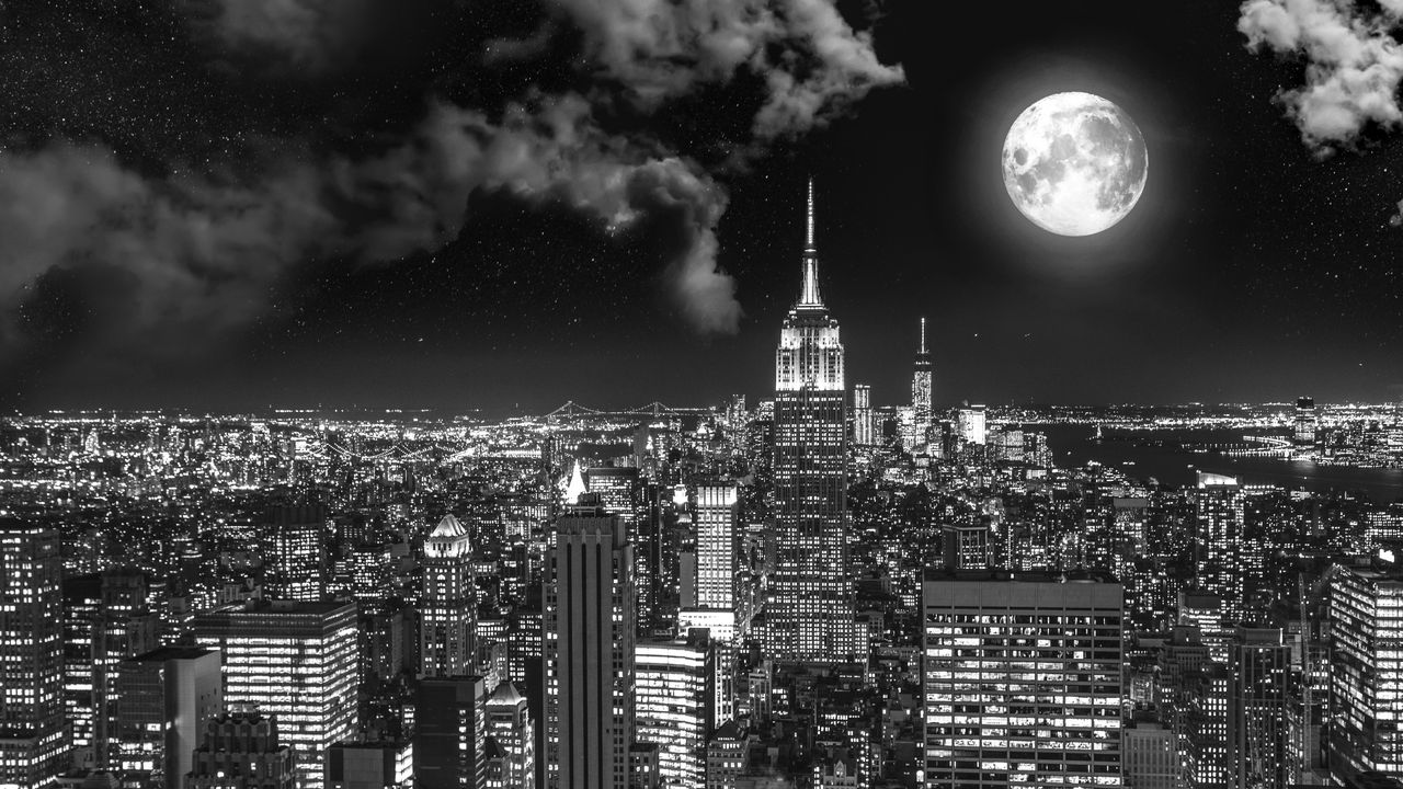 Wallpaper night city, bw, full moon, new york, usa