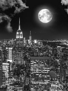 Preview wallpaper night city, bw, full moon, new york, usa