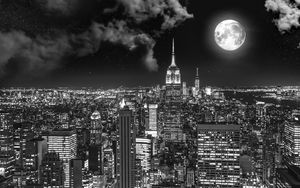 Preview wallpaper night city, bw, full moon, new york, usa