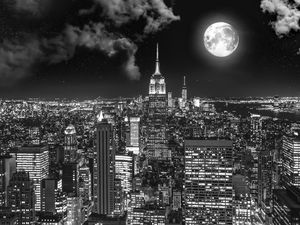 Preview wallpaper night city, bw, full moon, new york, usa