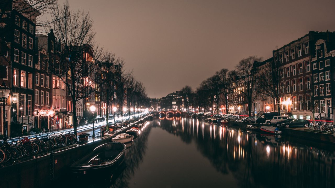 Wallpaper night city, canal, city lights, amsterdam, netherlands