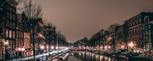 Preview wallpaper night city, canal, city lights, amsterdam, netherlands