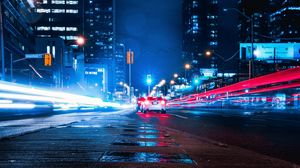 Preview wallpaper night city, cars, road, long exposure