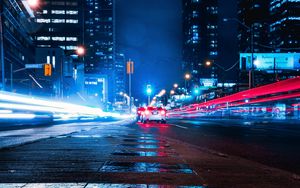 Preview wallpaper night city, cars, road, long exposure