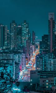 Preview wallpaper night city, city, aerial view, road, buildings, lights