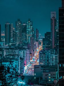 Preview wallpaper night city, city, aerial view, road, buildings, lights