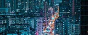 Preview wallpaper night city, city, aerial view, road, buildings, lights