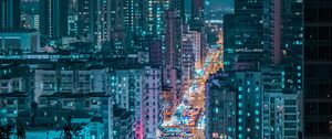 Preview wallpaper night city, city, aerial view, road, buildings, lights