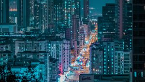 Preview wallpaper night city, city, aerial view, road, buildings, lights