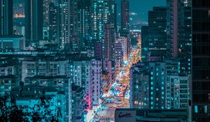 Preview wallpaper night city, city, aerial view, road, buildings, lights