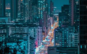 Preview wallpaper night city, city, aerial view, road, buildings, lights