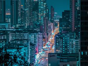 Preview wallpaper night city, city, aerial view, road, buildings, lights