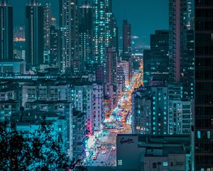 Preview wallpaper night city, city, aerial view, road, buildings, lights