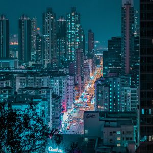 Preview wallpaper night city, city, aerial view, road, buildings, lights