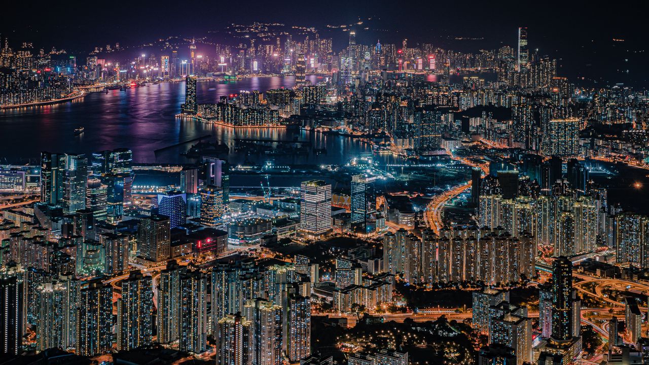 Wallpaper night city, city, aerial view, metropolis, buildings, lights, dark, hong kong
