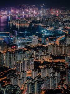 Preview wallpaper night city, city, aerial view, metropolis, buildings, lights, dark, hong kong