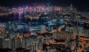 Preview wallpaper night city, city, aerial view, metropolis, buildings, lights, dark, hong kong