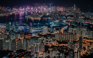 Preview wallpaper night city, city, aerial view, metropolis, buildings, lights, dark, hong kong