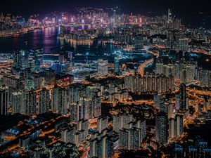 Preview wallpaper night city, city, aerial view, metropolis, buildings, lights, dark, hong kong