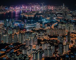 Preview wallpaper night city, city, aerial view, metropolis, buildings, lights, dark, hong kong