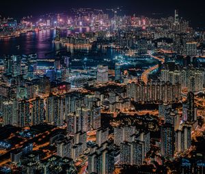 Preview wallpaper night city, city, aerial view, metropolis, buildings, lights, dark, hong kong