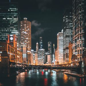 Preview wallpaper night city, city, bridge, river, lights