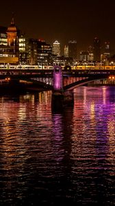 Preview wallpaper night city, city, bridge, lights, reflection, water