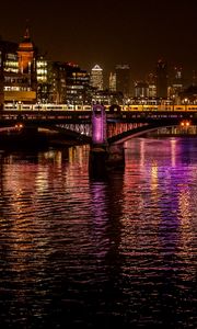 Preview wallpaper night city, city, bridge, lights, reflection, water