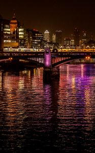 Preview wallpaper night city, city, bridge, lights, reflection, water