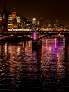 Preview wallpaper night city, city, bridge, lights, reflection, water