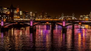 Preview wallpaper night city, city, bridge, lights, reflection, water