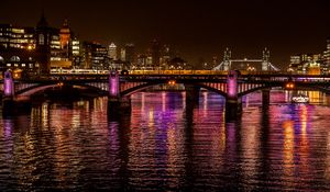 Preview wallpaper night city, city, bridge, lights, reflection, water