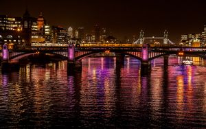 Preview wallpaper night city, city, bridge, lights, reflection, water