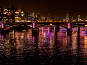 Preview wallpaper night city, city, bridge, lights, reflection, water