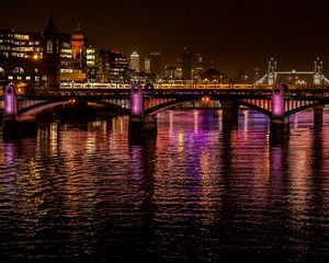 Preview wallpaper night city, city, bridge, lights, reflection, water