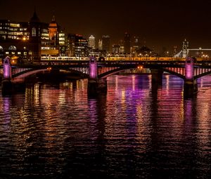 Preview wallpaper night city, city, bridge, lights, reflection, water