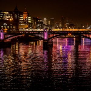 Preview wallpaper night city, city, bridge, lights, reflection, water