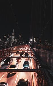 Preview wallpaper night city, city, bridge, road, cars