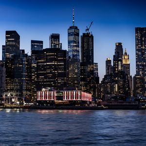 Preview wallpaper night city, city, buildings, lights, water