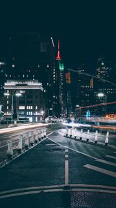 Preview wallpaper night city, city, buildings, road, long exposure, lights