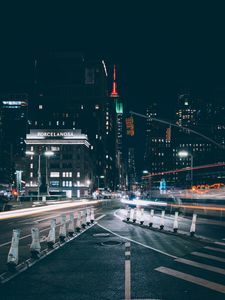 Preview wallpaper night city, city, buildings, road, long exposure, lights