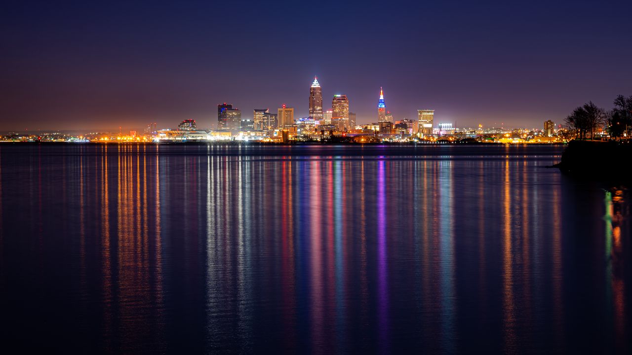 Wallpaper night city, city, buildings, water, lights, reflection